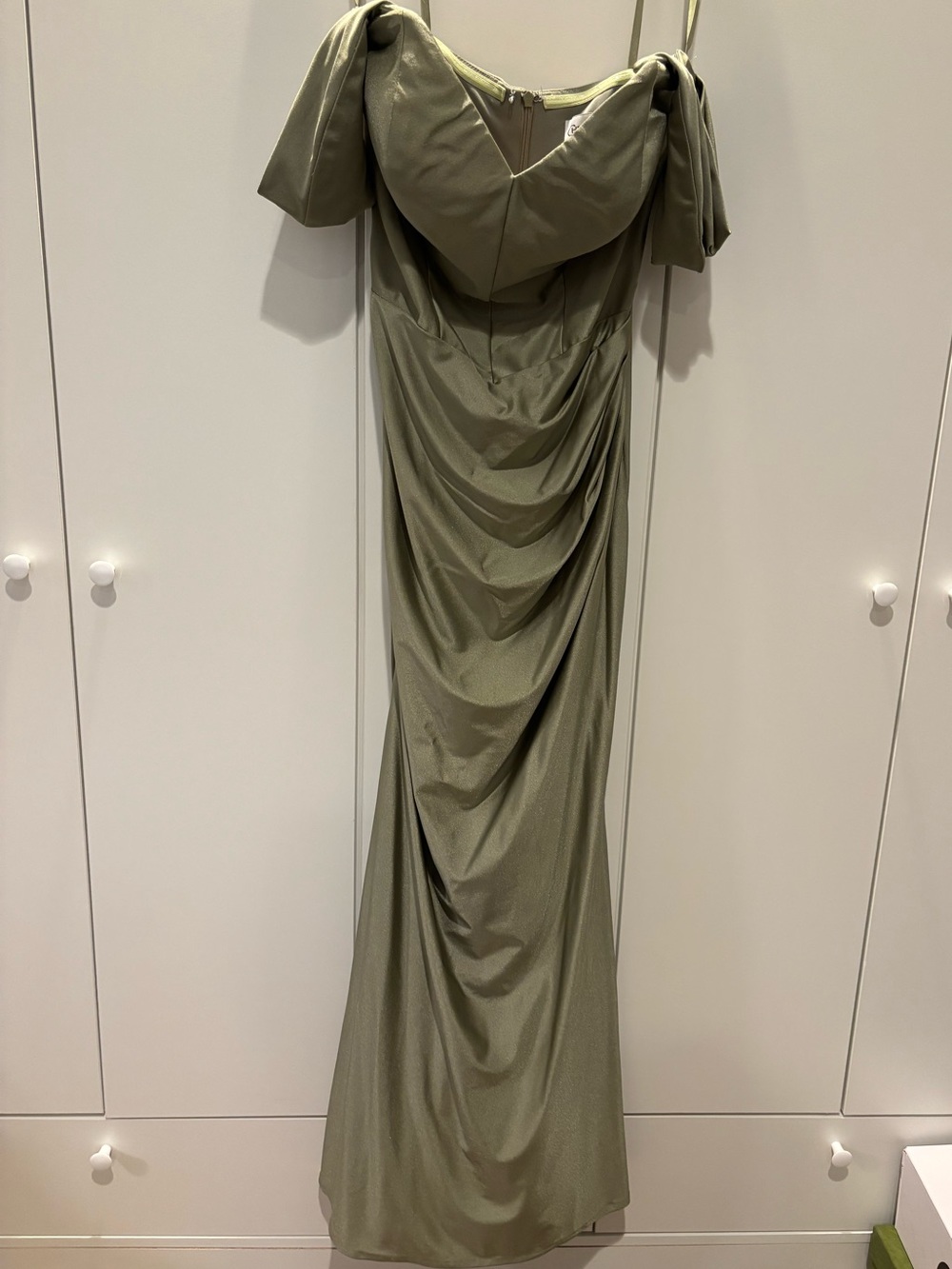 Christina Wu Olive Green Off-Shoulder Draped Gown